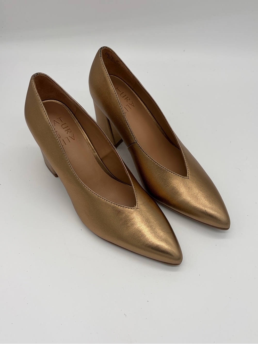 Naturalizer Metallic Bronze Pointed V-Cut Block Heel Pumps
